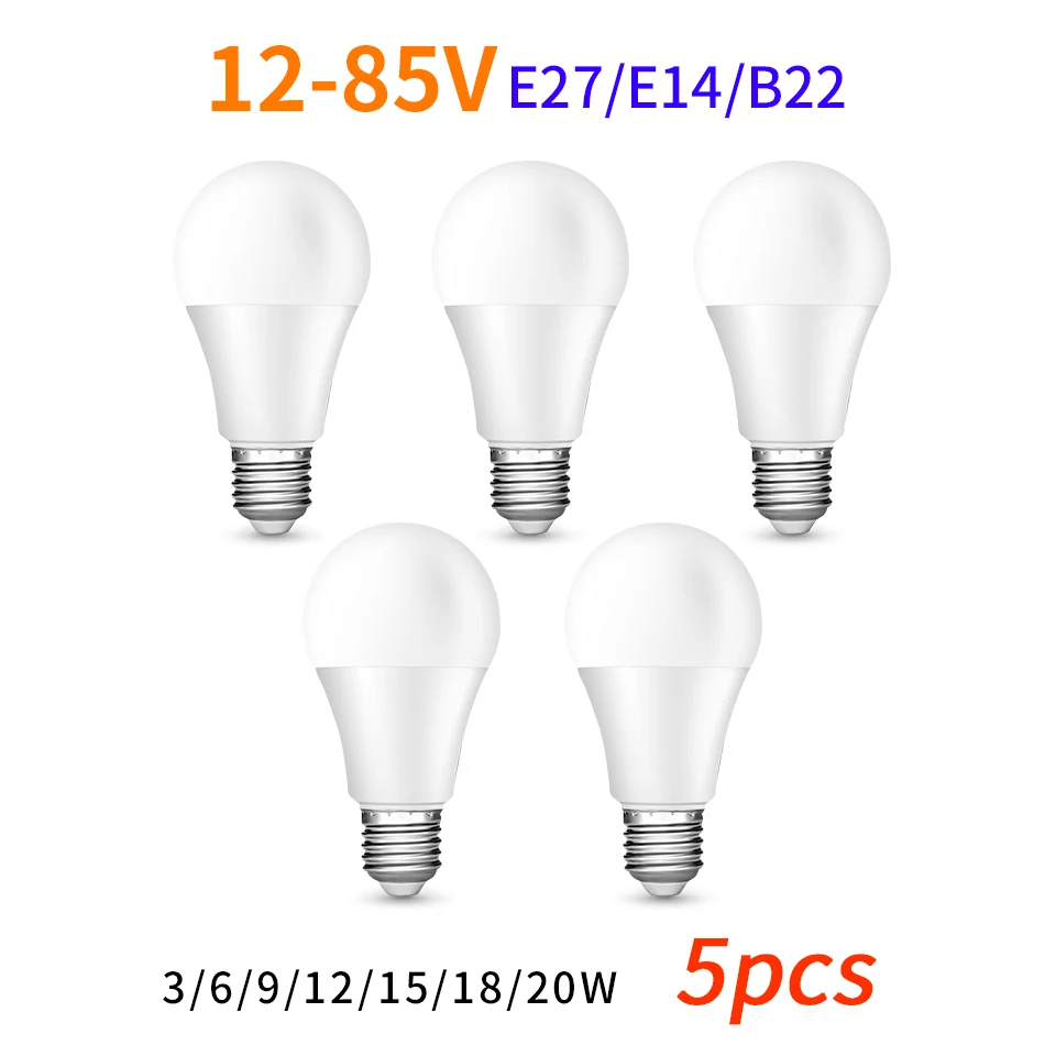 Ampoule LED E14 B22, Lampe de 3W, 6W, 9W, 12W, 15W, 18W, 20W, Projecteur Blanc  Froid/Chaud, 5 Pièces/Lot, 12-85V - AliExpress