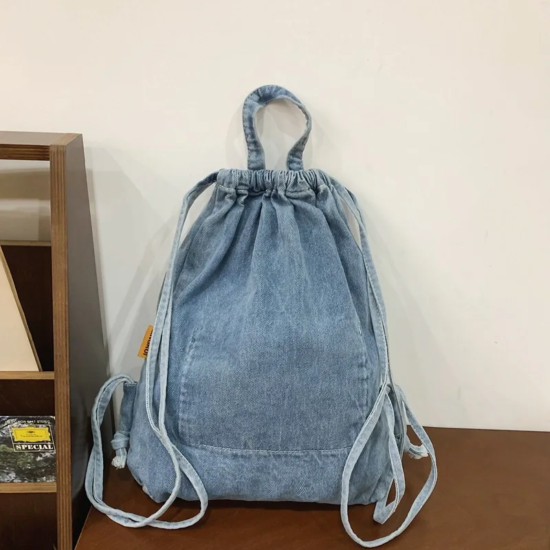 

Mochila Washed Drawstring Canvas Bag for Women's Retro Fashion Travel Backpack Unisex Solid Color Denim Backpack