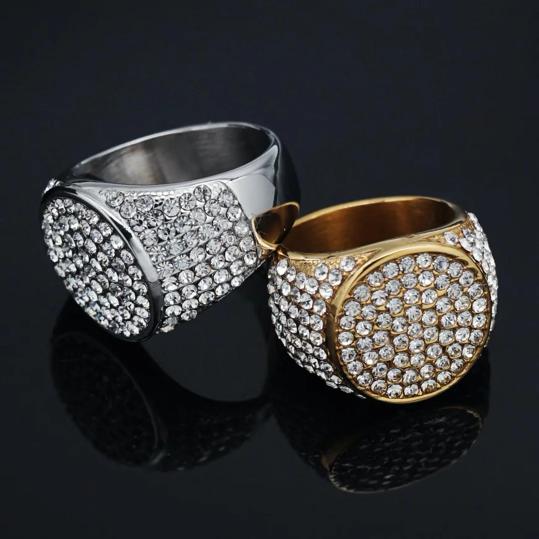 

European and American Popular Hip-Hop Stainless Steel Ring with Circular Inlaid Zircon Gothic Metal Ring Suitable for Party Wear