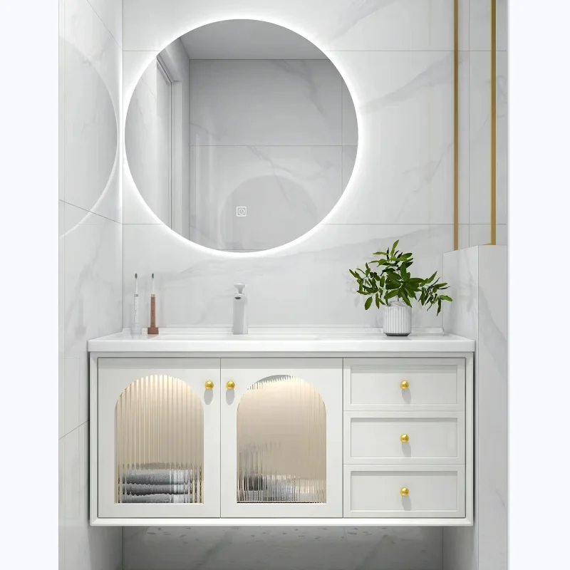 Modern Luxury Wall Mounted Bathroom Vanity With LED Mirror Solid Wood Bathroom Cabinets