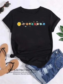 Espaço lua planeta feminino estampa camisetas, moda menina, funy casual gola redonda streetwear manga curta, roupas femininas, tops vintage