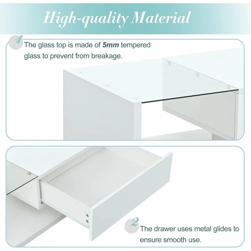 Coffee Table with Tempered Glass, Wooden Cocktail Tables with High-Gloss UV Surface, Modernist 2-Tier Rectangle Center Table 6