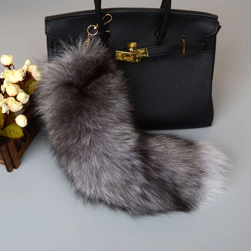 Borsa A Mano Con Coda Di Volpe Bianca Vera - 42 Cm, Portachiavi In Pelliccia, Fatta A Mano