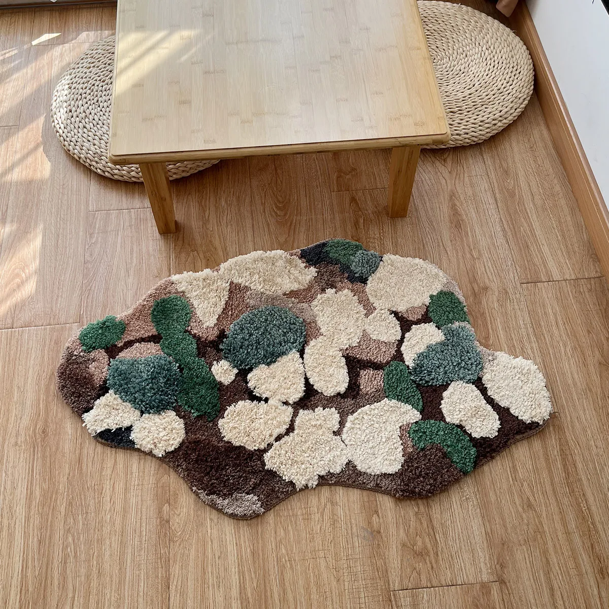 불규칙한 터프티드 이끼 숲 침실 러그, 녹색 식물 숲 문짝 침대 옆 매트, 푹신한 발 카펫 바닥 안전 패드, 가정용 방 장식