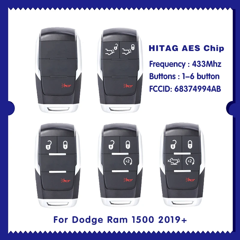 

Для Dodge Ram 1500 2019 + смарт-клавиши 5 кнопок Стандартный HITAG AES PCF7953M 433 МГц CN087045