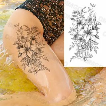 Realistyczne czarne lilia uda tymczasowe tatuaże dla kobiet dorosła dziewczyna róża słonecznik fałszywy tatuaż tatuaże do ciała dekoracje tatuaże papier tanie i dobre opinie OVIMGO Jedna jednostka CN (pochodzenie) 11 5X21CM Zmywalny tatuaż