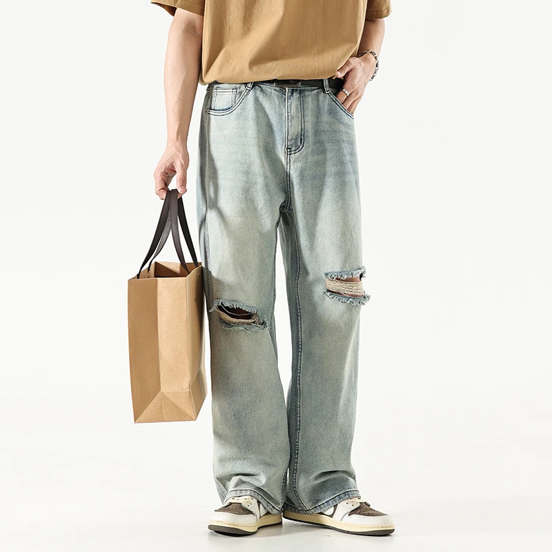 CUMUKKIYP Ripped Baggy Jeans For Men Summer Y2K Streetwear Casual  Solid Youth Hole Denim Straight Trousers