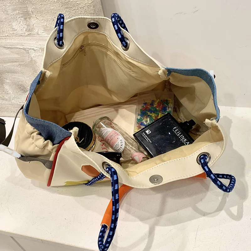 New Women's Dopamine Tote Bags Large Capacity Shoulder Bag Color Matching Casual Drawstring Bag