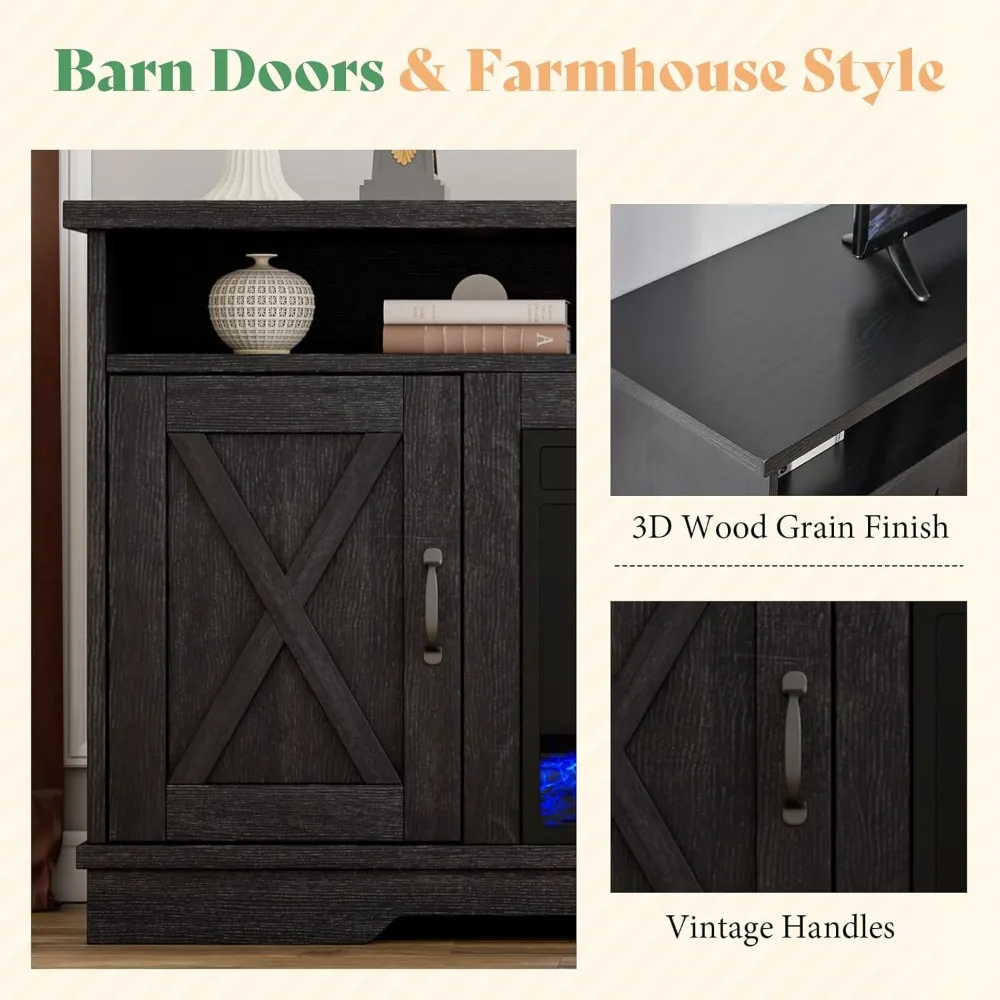 63" Farmhouse TV Stand with 26" Fireplace, for TVs up to 73", Entertainment Center with Adjustable Shelf & Barn Doors, TV Conso