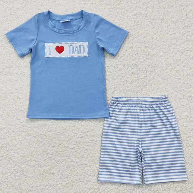 Conjunto de verano de manga corta para bebé, Camiseta de algodón con bordado I Love Dad Mom, pantalones cortos para niños, ropa a juego, venta al por mayor - Imagen 2