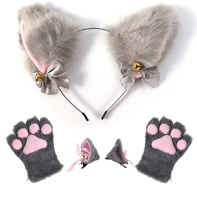 Lovely Cat Ear Hair Wear Set Claw Gloves Girls Anime Cosplay Costume Plush Cat Fur Ear Hairband Night Party Club Headbands