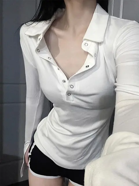 Bodycon Women T-shirts Long Sleeve Solid Color Turn Down Collar Sexy Simple Korean Style Ins Minimalist Prevalent Casual Chic 5