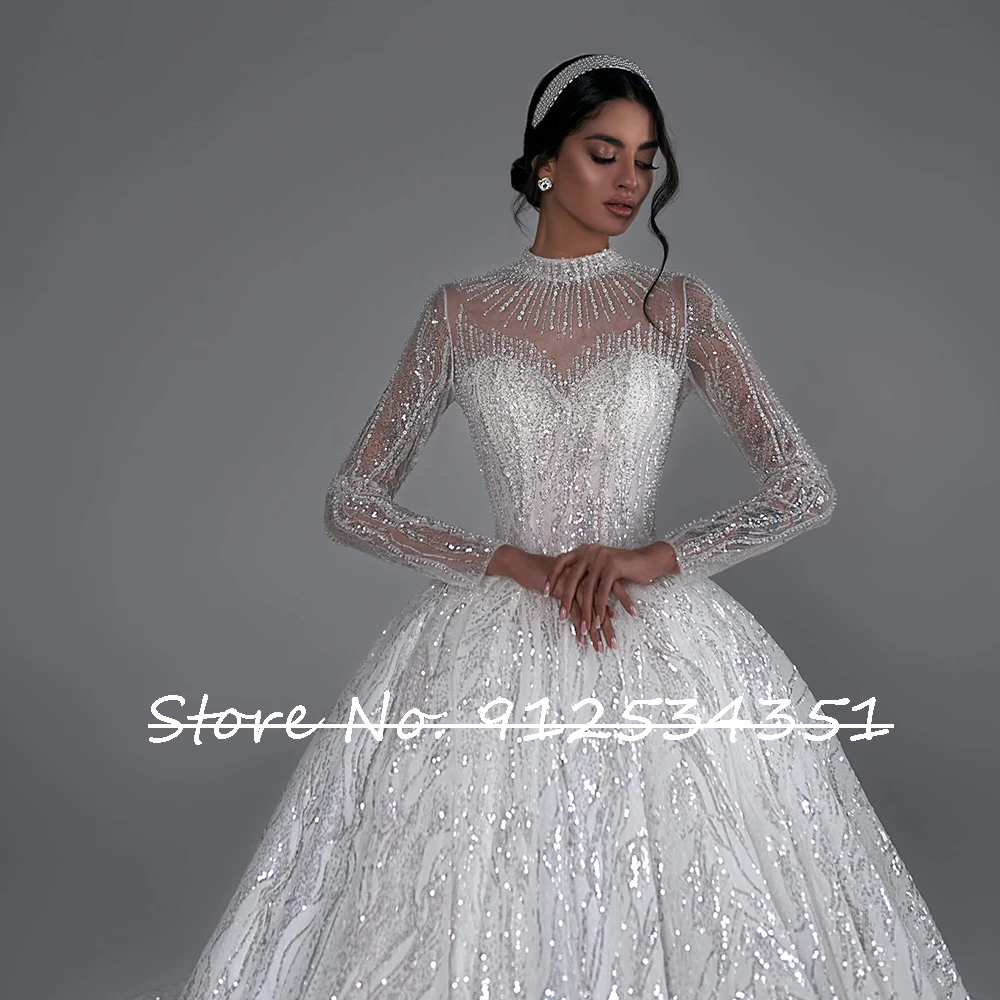 Robe De Mariee Long Sleeve Sequined Beading Wedding Dress Illusion Back Glitter Vestidos De Noiva Bridal Gowns Vintage Trouwjurk