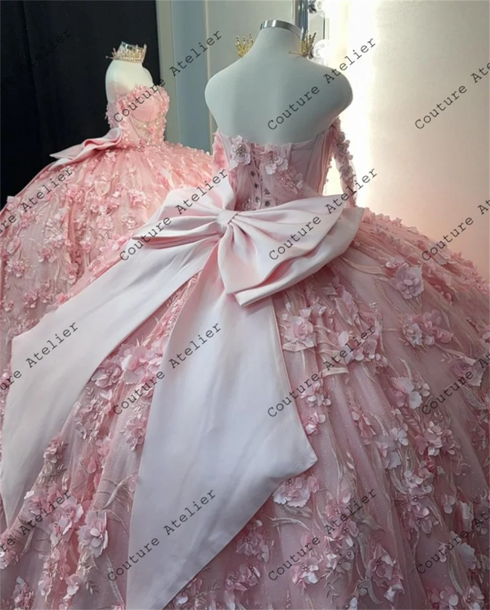 Pink 3D Flowers Three Quarter Sleeve Quinceanera Dresses Ball Gown Bow Sweetheart Sweet 16 Dress Wedding Customized