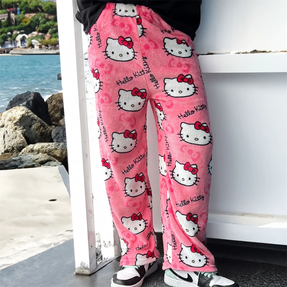 Cute Hello Kitty Pajama Pants Christmas Sanrio Anime Y2k Cartoon Flannel Soft Kawaii Women Casual Home Trousers Festival Gifts