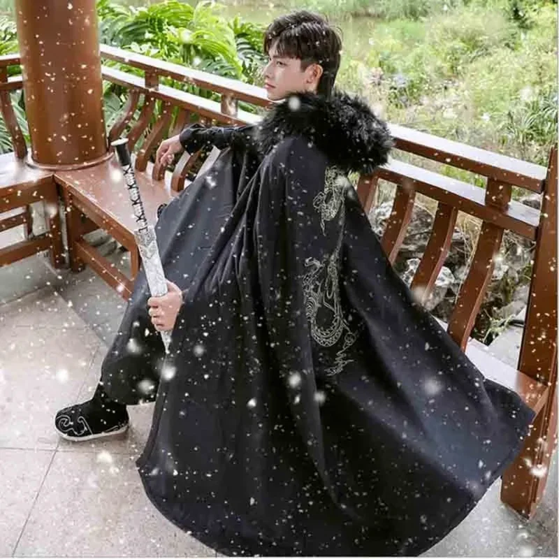 

Winter Warm Men`s Hanfu Cloak Chinese Traditional Embroidery Black Cape Male Christmas Cos Costume Thick Hanfu Clack for Men