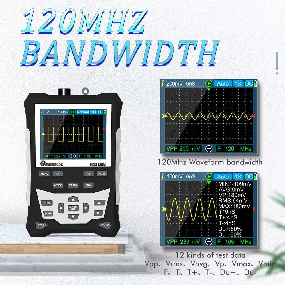 

MUSTOOL 120MHz Bandwidth 500MSa/s Sampling Rate Digital Oscilloscope with Backlight Waveform Storage 320x240 HD Oscilloscope