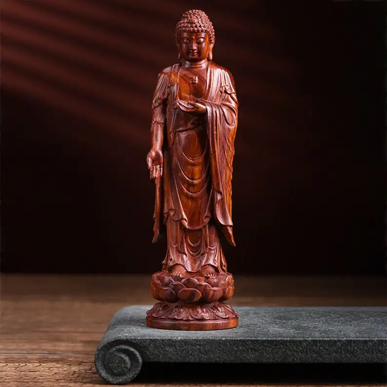 

Elegant Standing Medicine Buddha Figurine, Exquisite Eastern Influence Wood Artistry, Graceful Handcrafted Wooden Sculpture