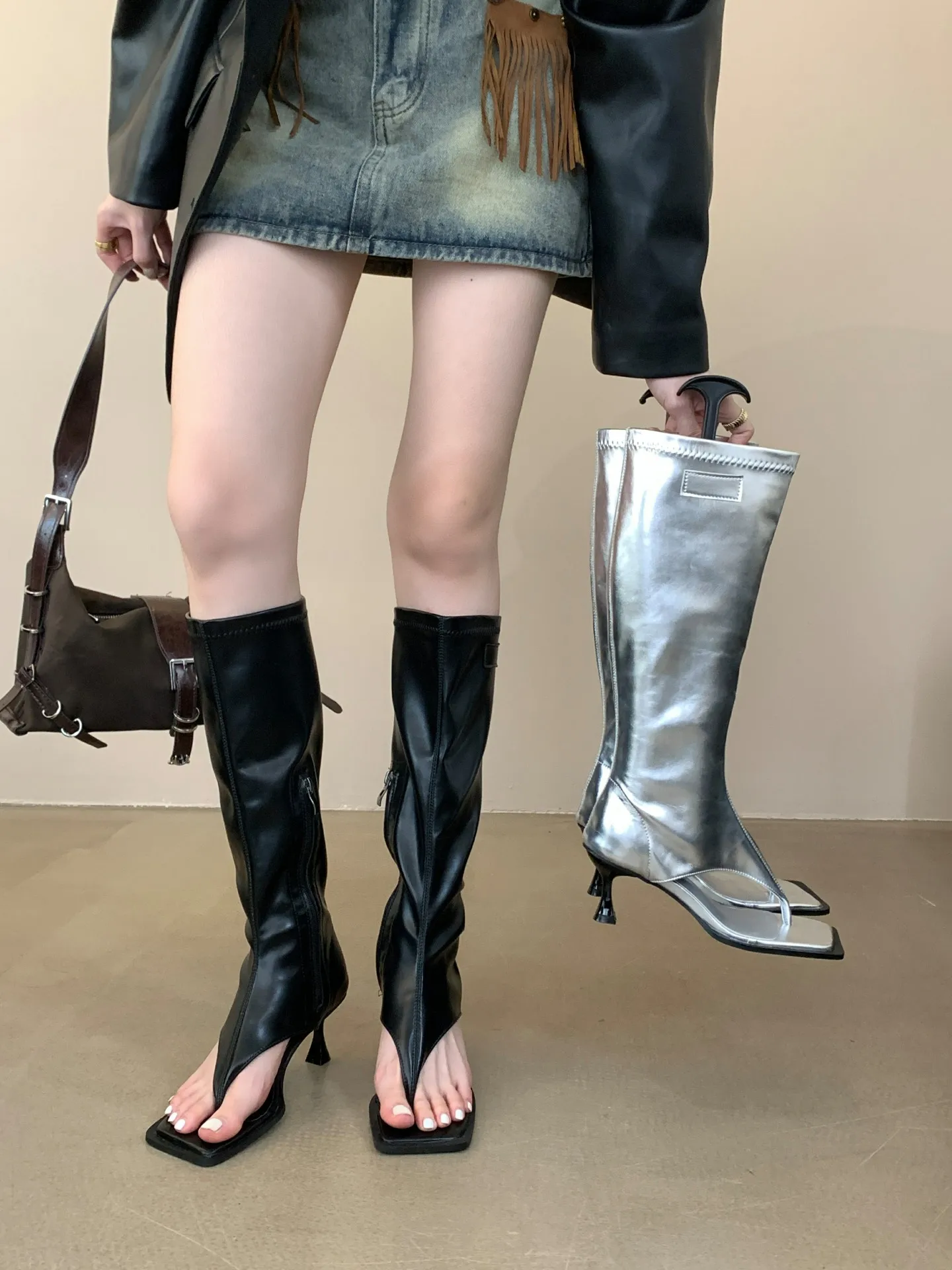 Aneikeh 2025 Sexy PU Square Head Clip Toe Sandals Boots Women's Thin Heel Side Zipper Sewing Chelsea Knee High Boots Party Ball
