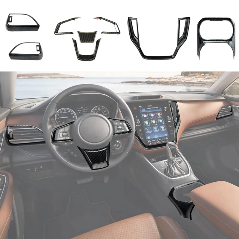 

Carbon Fiber For Subaru Outback Legacy 2021-2023 Center Console Navigation+Side AC Vent+Cup Holder+Steering Wheel Cover