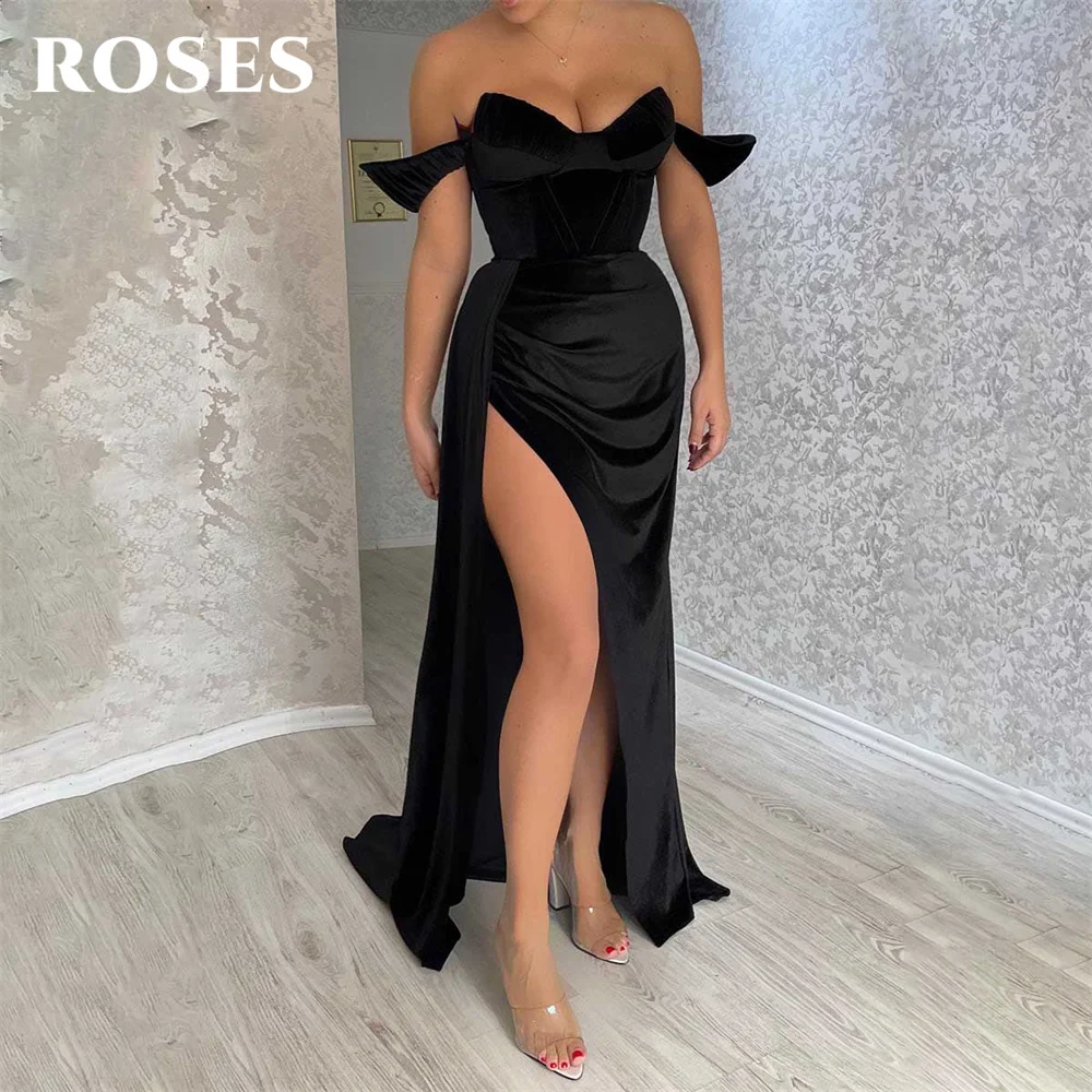 

ROSES Black Prom Dresses Stain Trumpet Party Dresses V Neck Celebrity Gowns Side Split Wedding Party Dresses вечерние платья