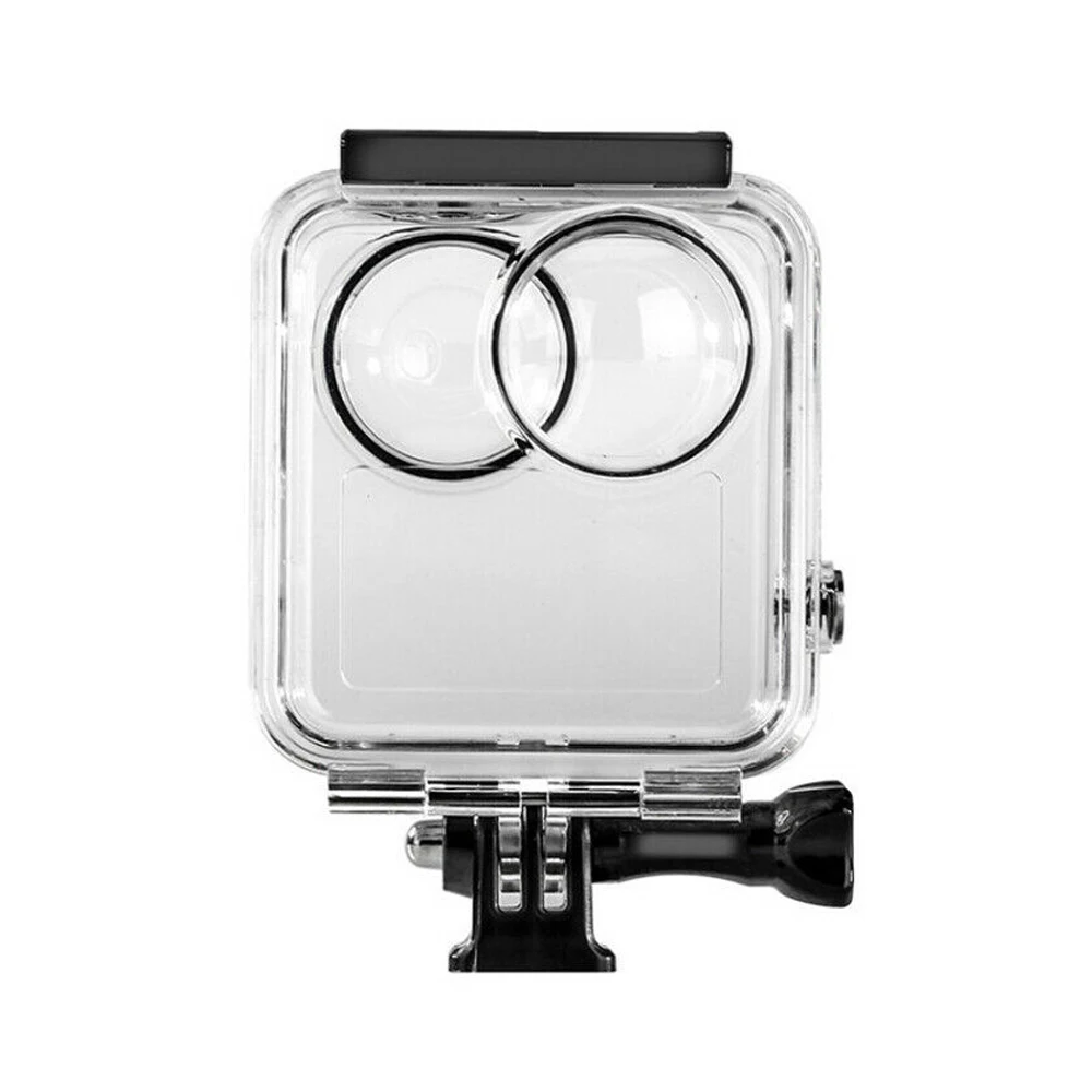 Caisson étanche pour GoPro MAX monté sur un support, vue arrière montrant les joints d'étanchéité pour 20 mètres.