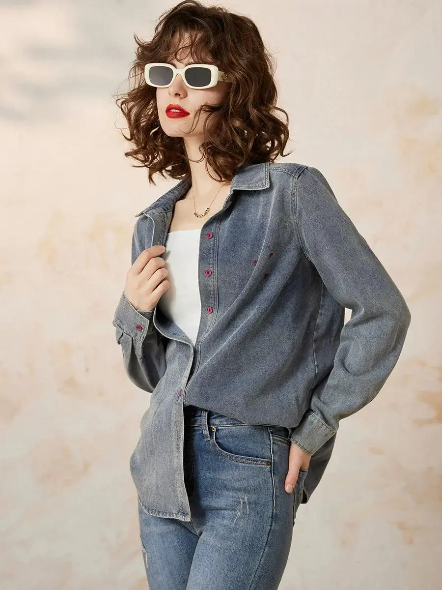 LOUIS YAO Women Denim Shirt 2024 Spring New Turn Down Collar Long Sleeve Embroidery Letter Washed Casual Loose Fit Blouse Top