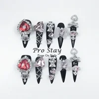 10pcs Dark black Y2k Hot Girl Handmade Press On Nails Sweet Cool  With Diamond Metal Decoration Wearable Artificial False Nail 3