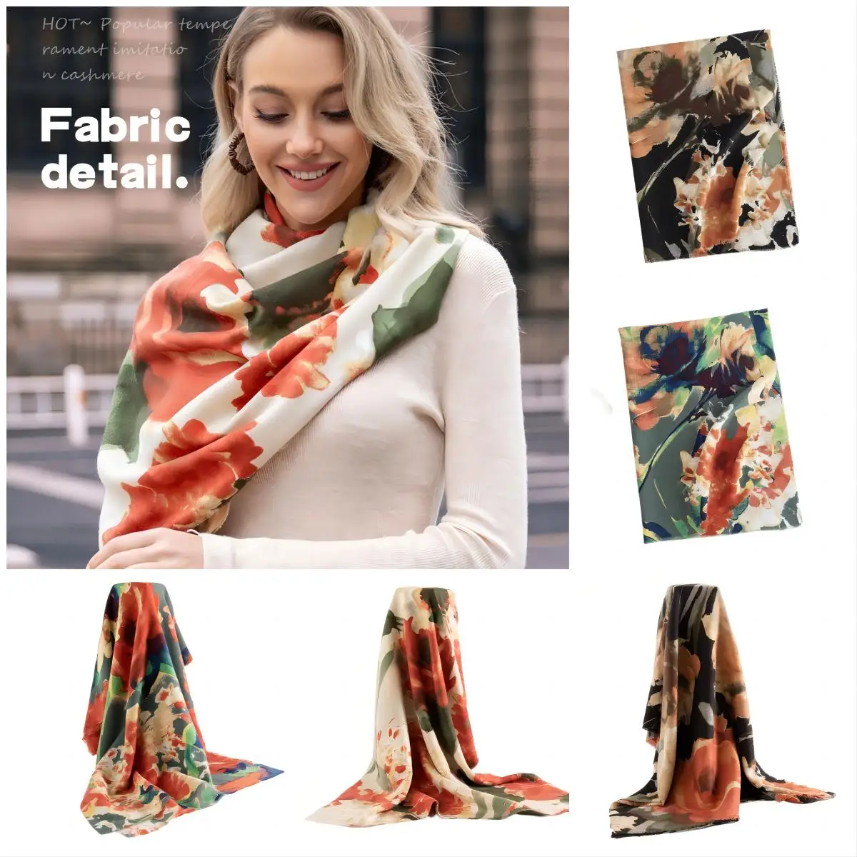 Elegant Fall Winter Scarf Shawl for Women Immitation Cashmere Scarves Boho Tropical Floral Printing Wrap Beach Vacation Poncho