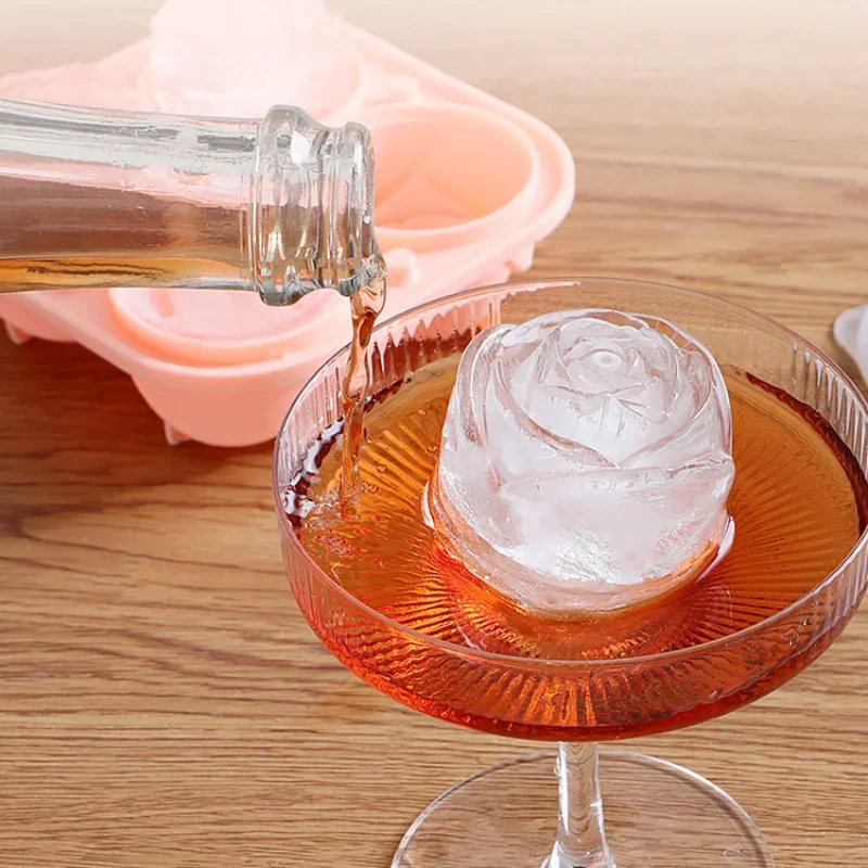 Ice Cube Maker 3D Rose Ice Molds 2.5 Inch Large Cube Trays Make 4/6 Giant Cute Flower Shape Pop Mold Silicone