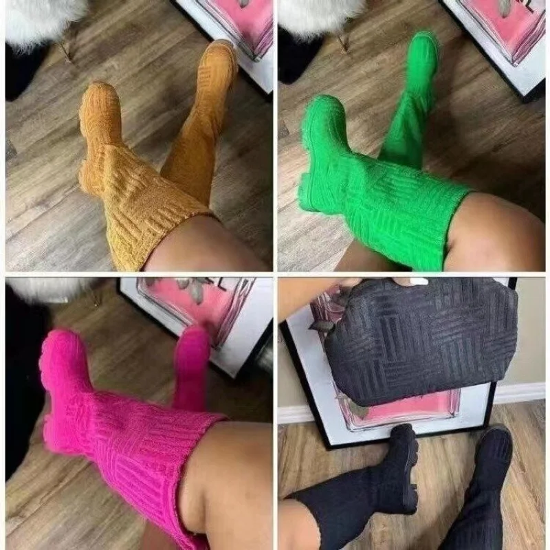 Europe Large Size Suede But Knee Boots Women's Autumn Winter New Solid Round Toe Thick Heel Casual Motorcycle Boots for Women