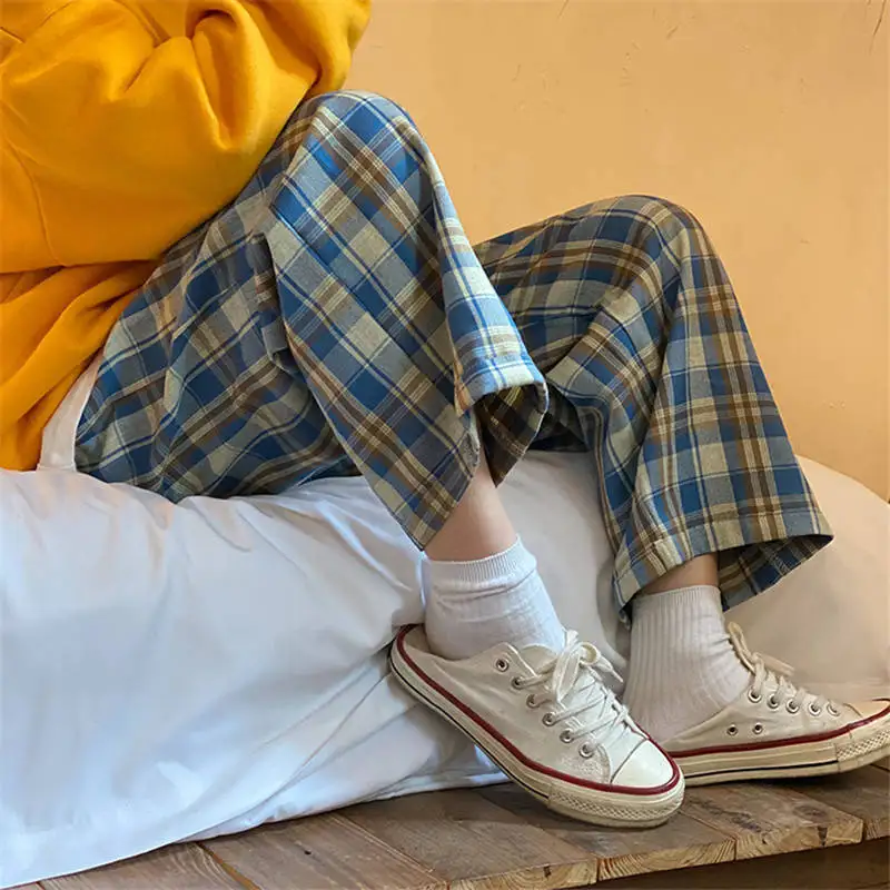 Harajuku Plaid Pants Women Oversize Wide Leg Trousers Female Korean Style High Waist Checkered Pajama  New Autumn Home Pants black white checkered patchwork micro flared denim trousers hip hop splashed ink logging pants for men slim washed torn jeans