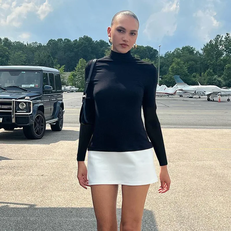 Turtleneck Splice Long Sleeve Mini Dress Women's Fashion Contrast Color Bodycon Sexy Dresses Autumn New Club Party Dress