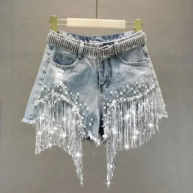 

Summer Shorts Elegant Female Casual Solid Shorts Jeans Lady Tassel Beading High Waist Wide Leg Denim Shorts