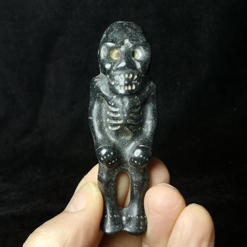 

Height 3 inch Chinese Hongshan Culture Magnet Meteorite jade carved Skeleton Skull Man statue Old Pendant Gift Collection