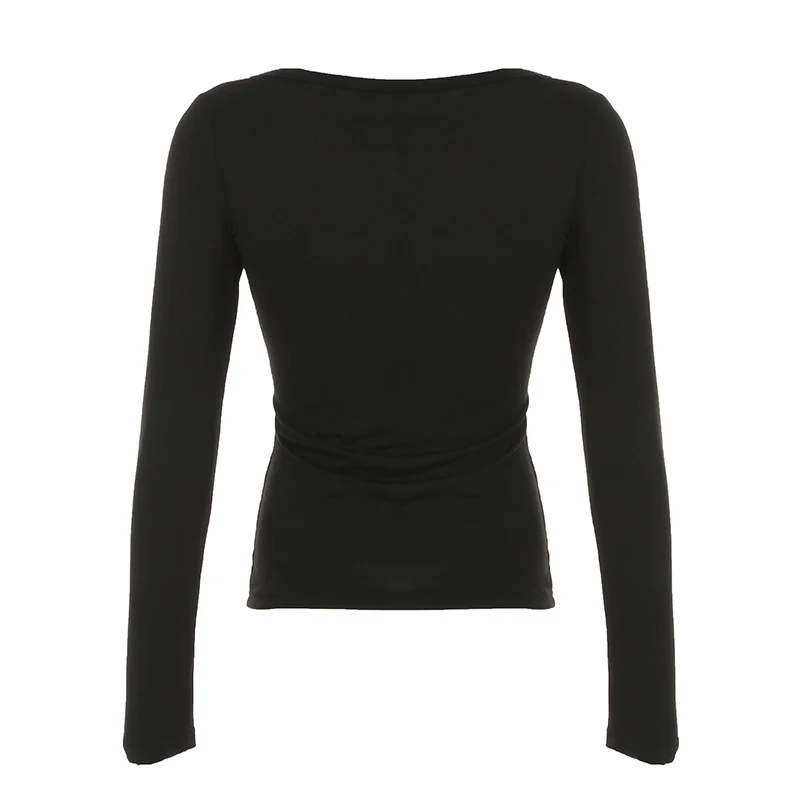 Contrast Lace Crew Neck Top Spring Casual Y2K Long Sleeve Buttons T-shirt Knitted Slim Basic Tee Shirt Streetwear 90s