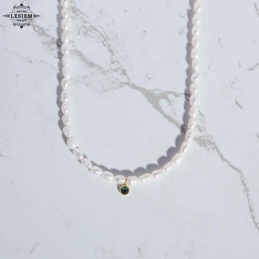 

LESIEM High Quality Gold Plated Girl Freshwater Pearl Green Zircon Necklace multi-layer necklaces jewelry accessories
