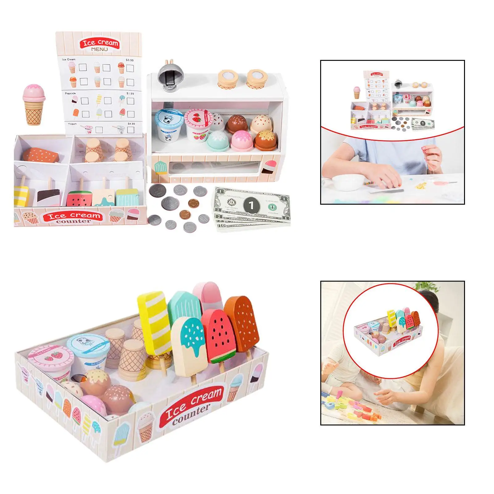 Wooden Ice Cream Counter Playset Food Toys Set for Kids Preschool Girls Boys