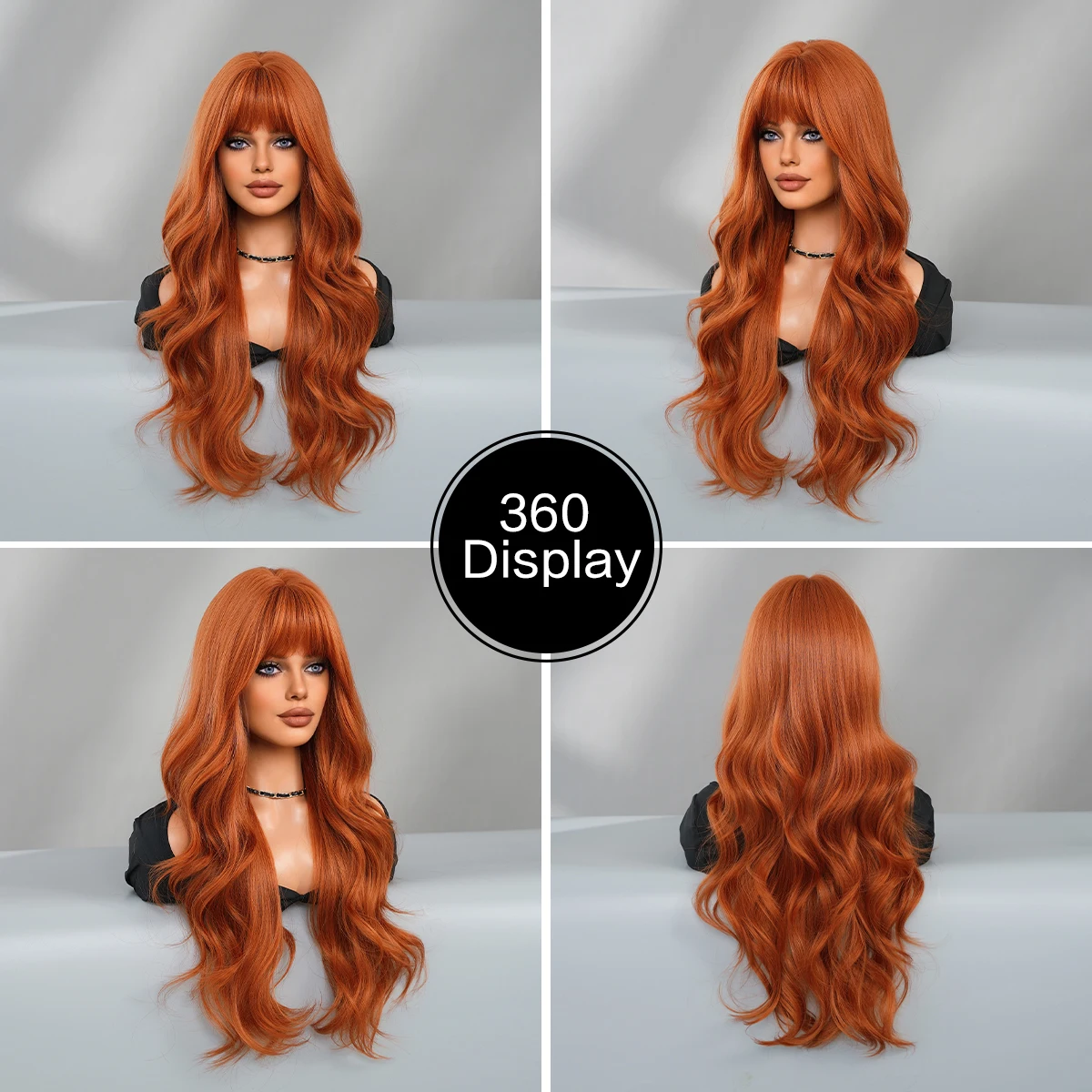 7JHH WIGS Costume Wigs Long Body Curly Orange Wigs with Neat Bangs High Density Heat Resistant Synthetic Hair Wig for Women