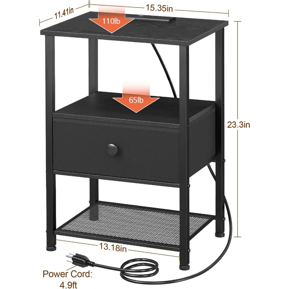 Night Stand Set 2, LED Nightstand w/Charging Station, End Tables Living Room w/Fabric Drawer, Small Side Tables for Bedroom 2