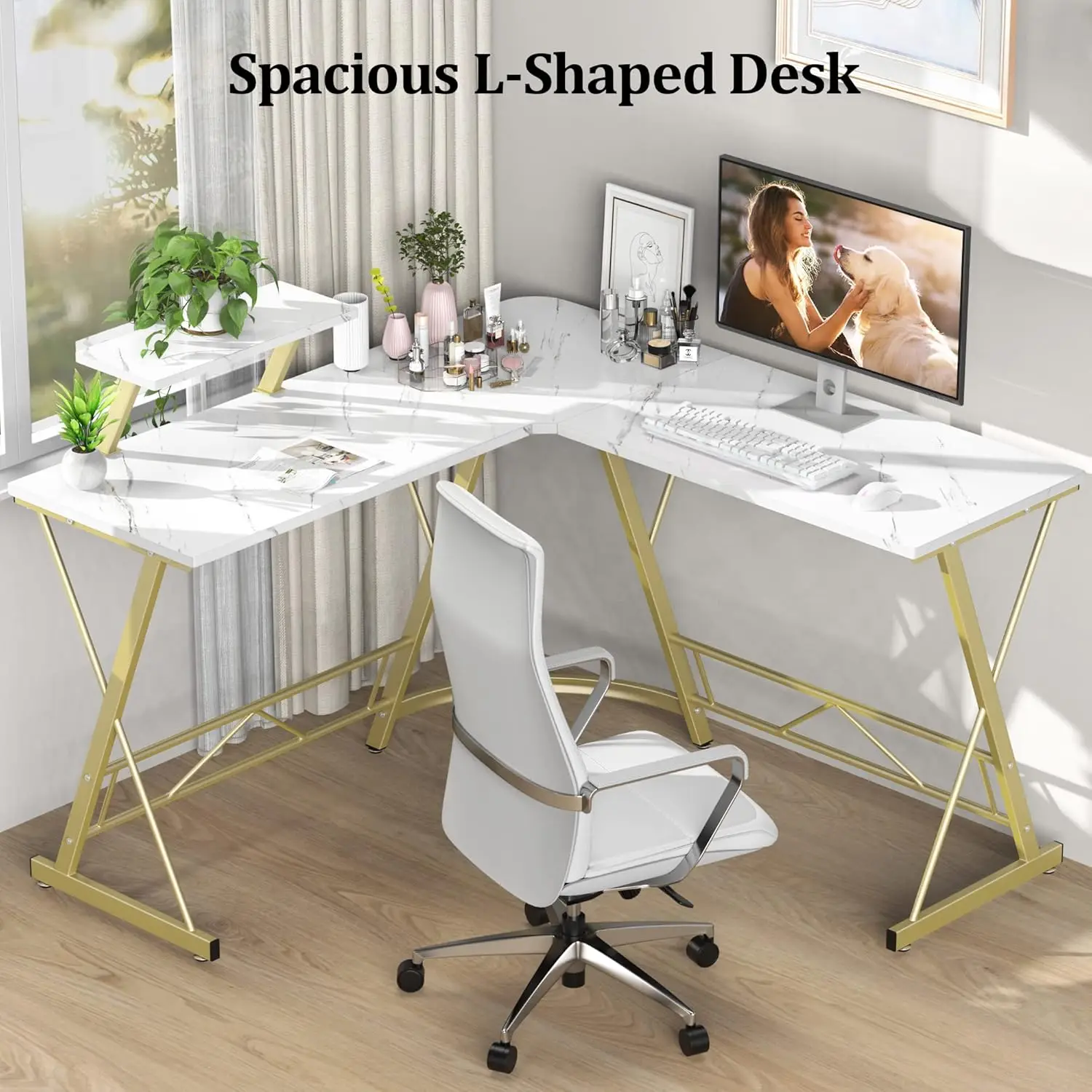 L Shaped Desk Computer Corner Desk Home Gaming Desk Office Writing Workstation with Large Monitor Stand Easy to Assemble (White, 4