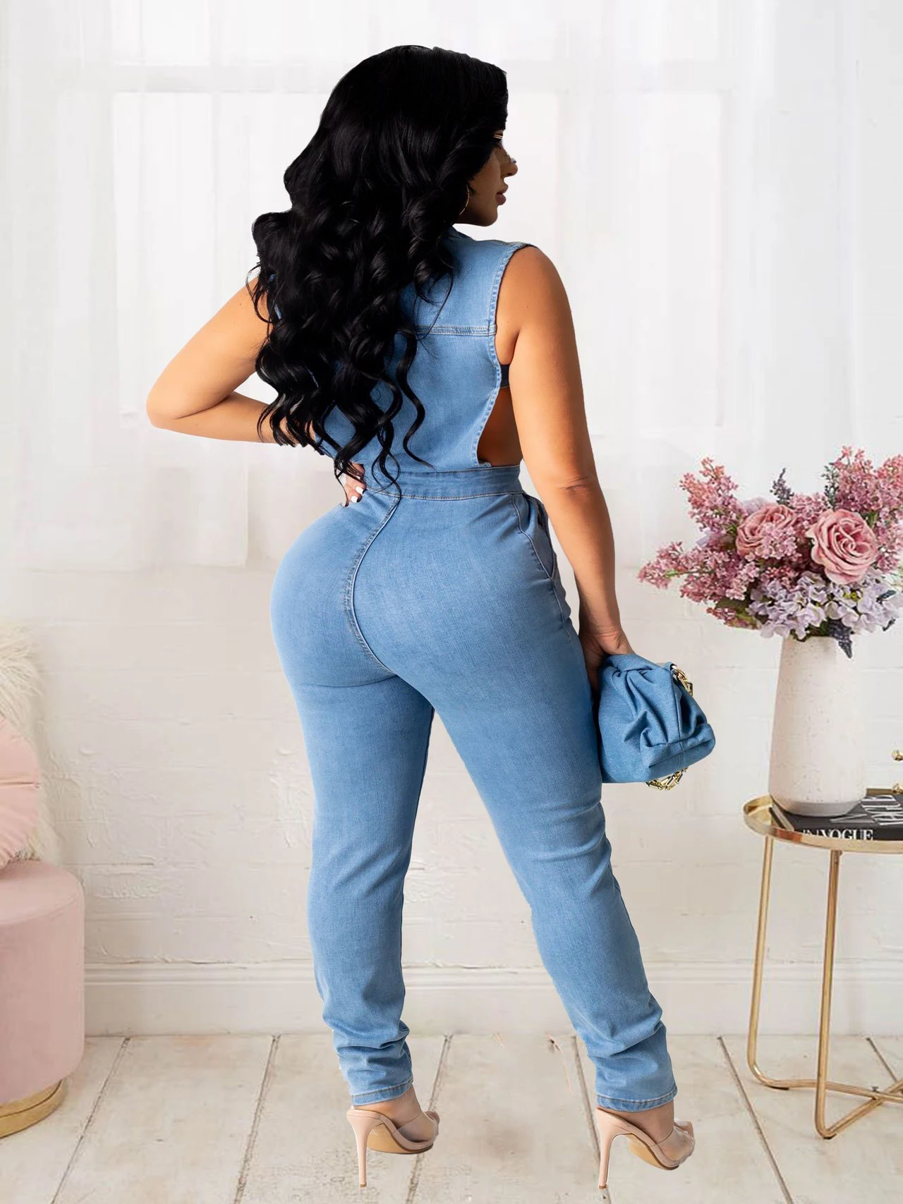 2022 Summer Sexy Cutout Denim Jumpsuit Women Solid Color Slim Chest Wrap Lapels Single-breasted Fashion Streetwear Womenswear