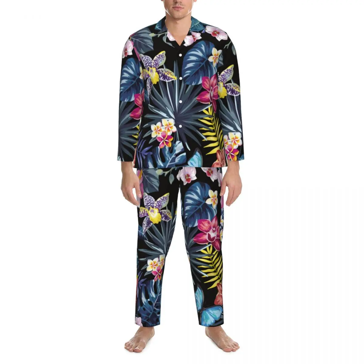 

Pajamas Male Palm Leaves Home Nightwear Jungle Flowers Print 2 Pieces Retro Pajama Sets Long-Sleeve Cute Oversized Home Suit