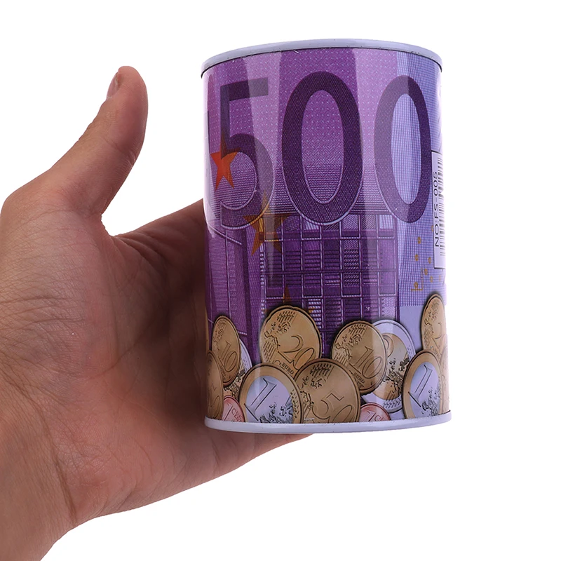 1PC Tinplate Cylinder Piggy Bank Euro Dollar Picture Box Household Saving Money Home Decoration Boxes Safe Cylinder Piggy Bank 5