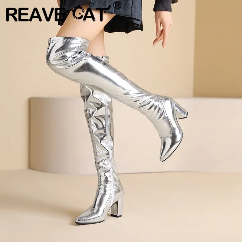 

REAVE CAT Design Fashion Women Thigh Boots 54cm Pointed Toe Block Heels 9cm Zipper Plus Size 45 46 Sexy Party Winter Female Bota