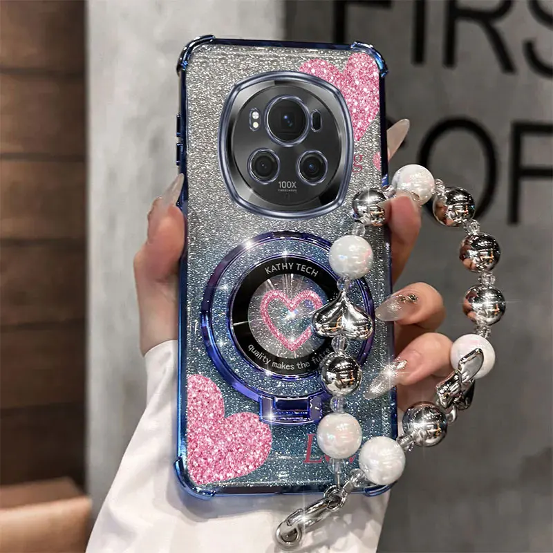 Pearl Strap Glitter Love Phone Holder Case with Anti-Knock Back Cover