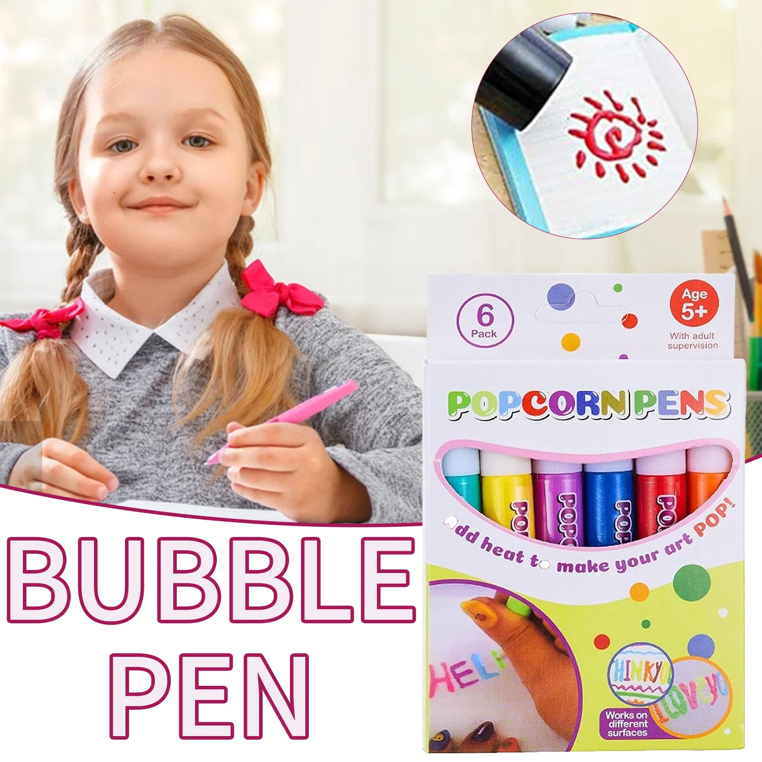 6pack Puffy 3D Art Pens - Ink Puffs Up Like Popcorn Just Use DIY Nice Kids√
