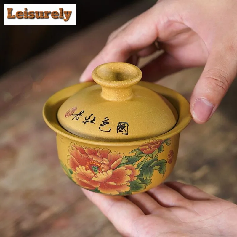 170ml Yixing Purple Clay Peony Pattern Gaiwan Luxury Tea Tureen Tea Bowl With Lid Kit Tea Maker Cover Bowl Kung Fu Tea Set Craft