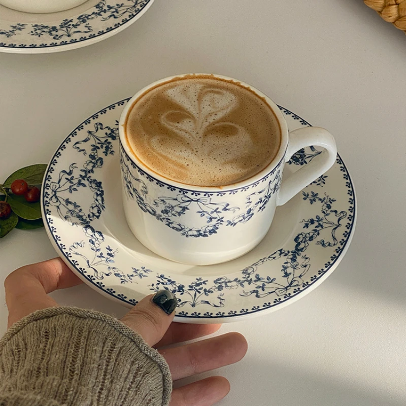 

Retro Chinese Style Blue and White Floral Ceramic Coffee Cups Plates Afternoon Tea Utensils Latte Cups