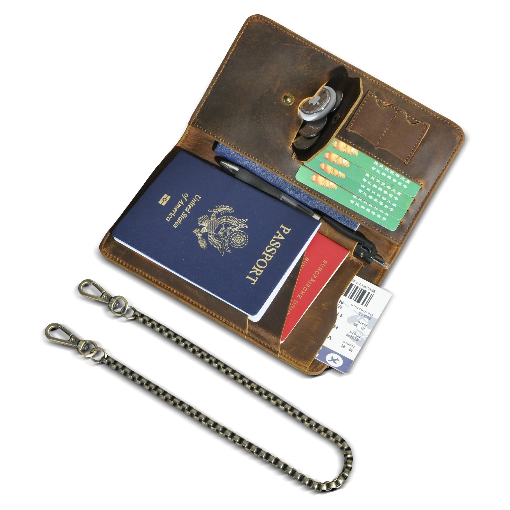 

Genuine Leather Functional RFID Blocking Passport Holder Case Travel Bifold Snap Chain Safety Wallet For Men Male 2805